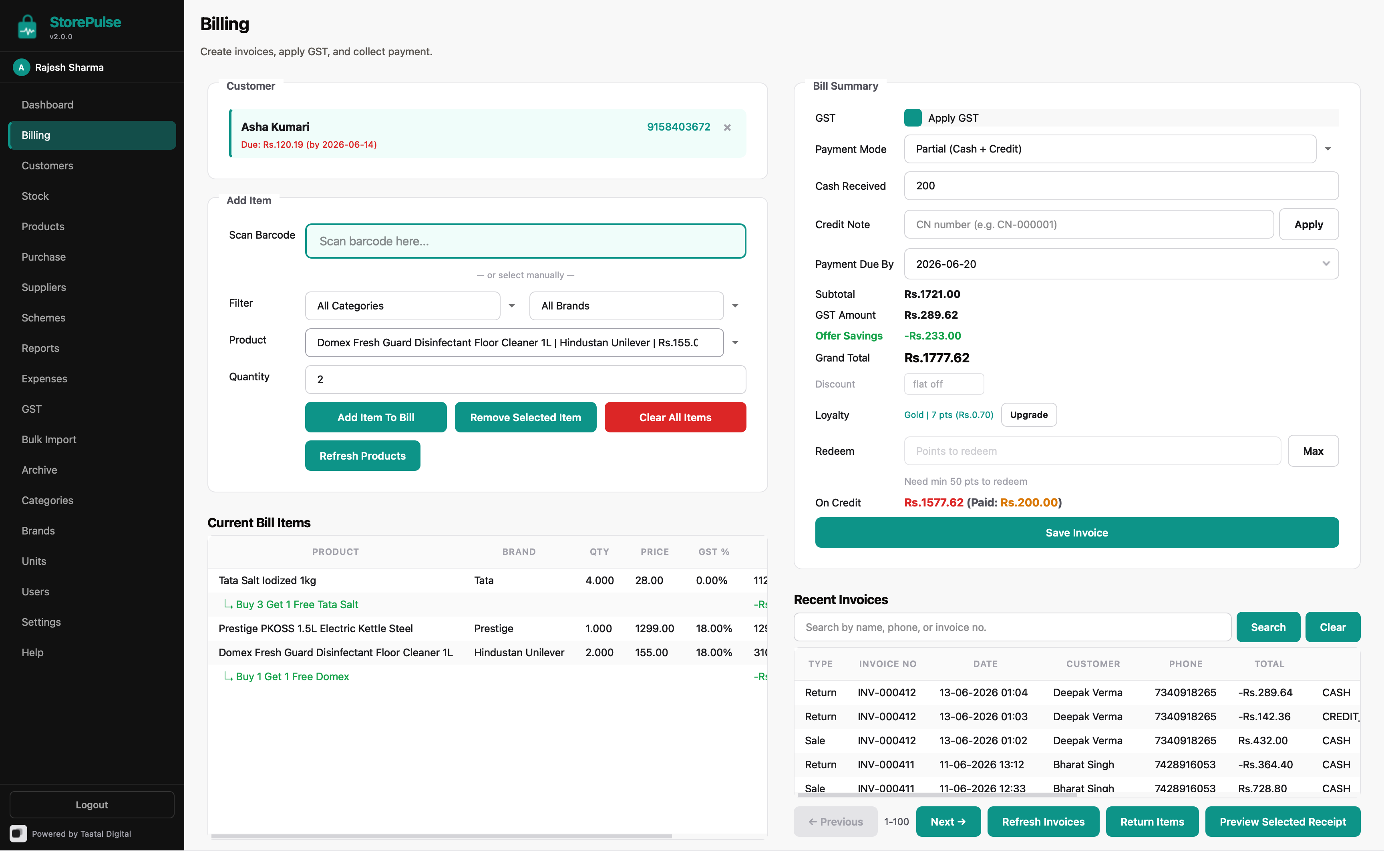 Billing with Schemes & Credit Notes